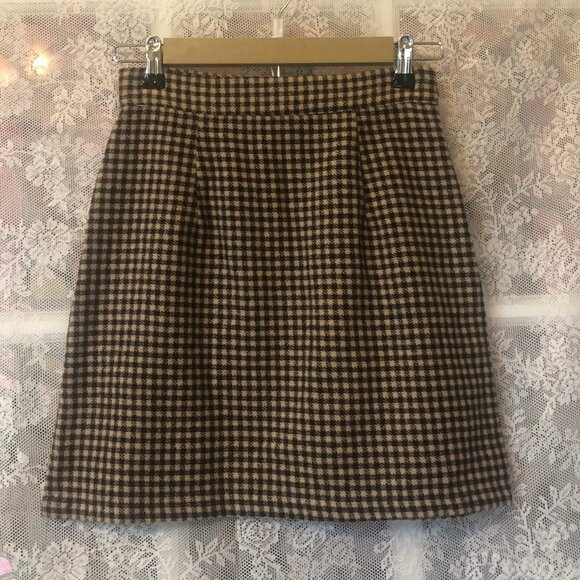 Wool blend Houndstooth Mini Skirt Brown Tan A-Line Preppy Small side zip - Picture 4 of 6